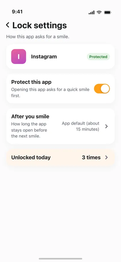 Protected apps and lock settings - which apps ask for a smile and how long each stays unlocked