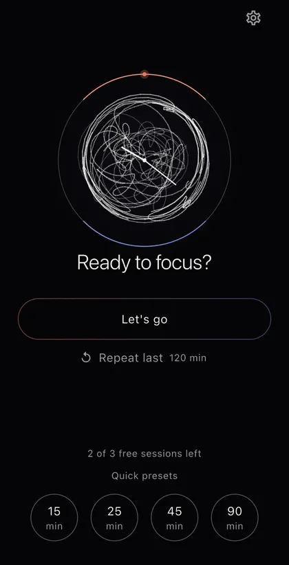 The Orbit home screen, Ready to focus, with quick presets and the free sessions you have left