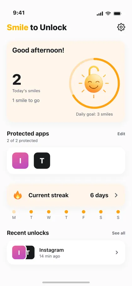 Smile to Unlock home with the daily goal ring filling toward three smiles, the current streak, and today's unlocks
